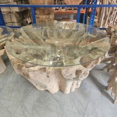 Exclusieve teakwortel eettafel 150 cm Table à manger exclusive en racine de teck 150 cm (sans plateau en verre)