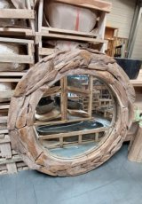 Spiegel met teakstukken rond D100 cm Teak spiegel met stukken D 100 cm